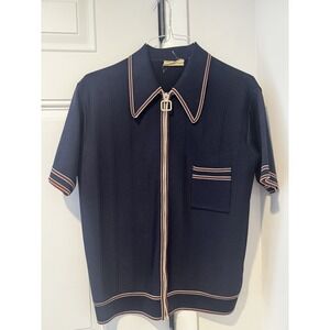 Vintage English Sports Shop Bermuda Women's Navy Knit Zip Front Shirt Sz S 1970s